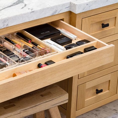 Bathroom Cabnit Organization Storage Ideas, Vanities With Drawers Only, Bathroom Vanity Drawer Inserts, Bathroom Vanity For Her, Hair Appliance Storage Vanity, Open Bottom Bathroom Vanity, Bathroom Makeup Cabinet, Vanity Drawers Ideas, Makeup Vanity Drawers