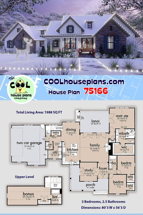 Country farmhouse plan with an open floor layout and vaulted main ceiling. The master bedroom is conveniently located close to the additional bedrooms, which is ideal for a young family. Kitchen, dining area, pantry, and utility room are located close together and accessible from the two-car side load garage. Off the back of the home a lanai with BBQ grille can be accessed from the master suite. Also see plan 75167 at 1742 sq ft. at COOL House Plans #farmhouse #countryliving #homeideas Floor Plans Under 2000 Sq Ft, House Plans Under 2000 Square, Garage Bonus Room, Cool House Plans, Country Farmhouse Plans, Multigenerational House, Montana House, Farmhouse Garage, Cool House