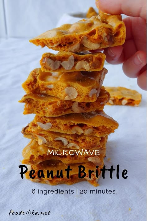 Microwave peanut brittle takes just 15 minutes to make. Much more delicious than store-bought, and so much easier than making it on the stove. No thermometer needed! Makes a great last-minute Christmas gift! #diygifts #diygiftideas #Christmas #foodsilike Peanut Brittle Recipe Easy, Microwave Peanut Brittle, Peanut Brittle Recipe, Recipes For Snacks, Christmas Cookies Recipes, Brittle Recipes, Delicious Christmas Cookies, Diy Food Gifts, Shaped Cookies