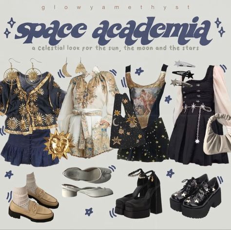 Astrology Inspired Outfits, Astronomy Clothes Aesthetic, Outer Space Aesthetic Outfit, Astrology Aesthetic Clothes, Cosmic Core Aesthetic Outfits, New Wave Aesthetic Outfit, Space Acedamia Outfits, Hadestown Aesthetic Outfit, Zodiac Outfits Aesthetic