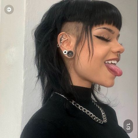 Mullet Hairstyle Women Colored, Goth Punk Hair, Bangs Alternative Hair, Mullet Hairstyle Women Short Bangs, Mullet Style Woman, Viking Hair With Bangs, Spunky Haircuts, Alt Bangs Hairstyle, Mullet Short Hairstyle Women