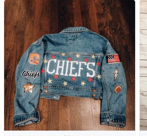 Nfl Jean Jacket Diy, Football Jean Jacket Diy, Chiefs Denim Jacket, Game Day Jean Jacket, Chiefs Jean Jacket, Baseball Jean Jacket, College Jean Jacket, Football Jean Jacket, Hoco Jeans