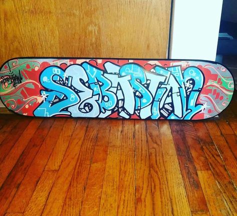 "Sebastian" skateboard deck v2 @orikaluno -  for #custom #skateboards contact orikal (at)gmail.com - #aerosol #customart #decor #etsy #graffrootsmedia #gift #graffroots #graffiti #graffitiporn #graff  #hiphop #letters #minnesota #march #steez #style #twincities #skateboarding #deck #skateboard #sebastian Graffiti Art Skateboard, Graffiti On Skateboard, Hiphop Graffiti, Custom Skateboard Decks, Custom Skateboards, Graffiti Artwork, Skate Decks, Skateboard Art, Skateboard Decks