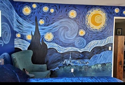 Bedroom mural Starry Night Bedroom, Van Gogh Aesthetic, Bedroom Mural, Starry Night Art, Henna Tattoo Hand, Bedroom Murals, Glam Room, Evening Dresses With Sleeves, Starry Night Van Gogh