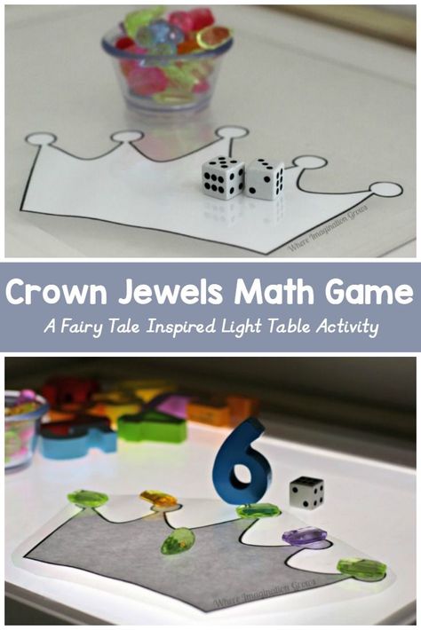 Fairy tale inspired math game for preschoolers on the light table. Teaches beginning math and counting practice! Fairy Tale Math, Fairy Tales Preschool Activities, Fairy Tales Preschool, Preschool Classrooms, Princess Activities, Fairy Tale Activities, Fairy Tales Unit, Fairytale Theme, Preschool Math Games