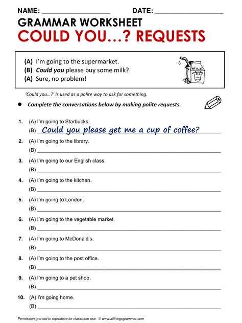 English Grammar Could you ...? (Polite) Requests www.allthingsgrammar.com/could-you-requests.html Polite Requests English, Polite Requests Worksheet, English Grammar Exercises, English Quiz, Grammar Quiz, English Teaching Materials, Grammar Exercises, Teaching English Grammar, English Grammar Worksheets