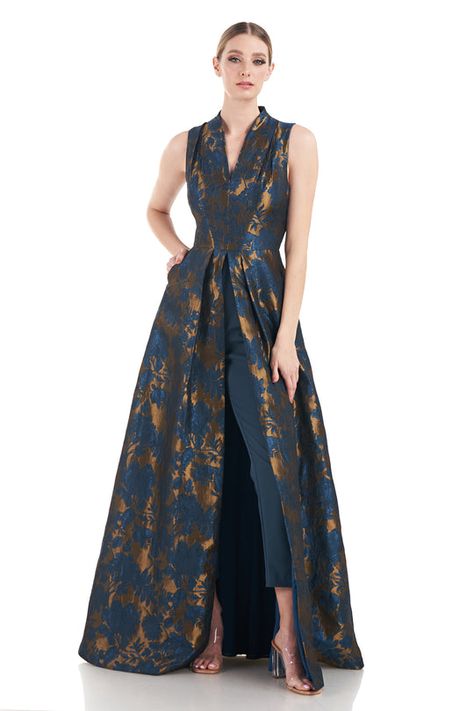 Crepe Pants, Romper Designs, Skirt Crop, Maxi Romper, Kay Unger, Floral Jacquard, Stretch Crepe, Floral Jumpsuit, Fitted Skirt