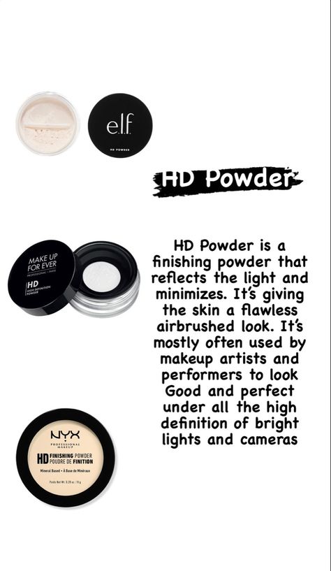 #hdpowders #typesofpowders Makeup Notes, Makeup Education, Pro Makeup Tips, Makeup Recommendations, Camera Makeup, Setting Powders, Evening Eye Makeup, Makeup Charts, Simple Makeup Tips