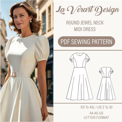 Our product is as follows: Round Neck Puff Sleeve Bridesmaid Midi Dress PDF Sewing Pattern *Compatible with all woven fabrics. *5 meters of fabric is sufficient for this design. *You will need a hidden zipper. *Our patterns have seam allowances. * US Sizes: 2, 4, 6, 8, 10, 12, 14, 16, 18, 20, 22, 24, 26, 28, 30 * Standard Sizes: XS, S, M, L, XL, 2XL, 3XL, 4XL * These patterns are suitable for A4, A0, and US Letter size papers. * Language : English Welcome to my Etsy shop! The product you've purc Long Puff Sleeve Pattern, Modest Dress Sewing Patterns, Midi Dress Pattern Sewing, Modest Dress Patterns Sewing, Free Blouse Pattern, Dresses Neck Designs, Vintage Dress Patterns 1950s, Dresses To Sew, Modest Dress Patterns