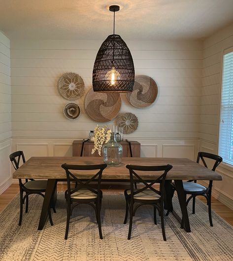 Dining Room Basket Wall, Dining Room Basket Light, Big Basket, Wood Basket, Basket Lighting, Dining Lighting, Dining Room Chandelier, Ship Lap Walls, Farmhouse Table