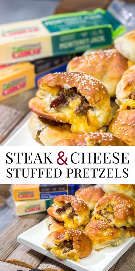 Soft Pretzel Ideas, Stuffed Pretzel Recipe, Cheese Stuffed Pretzels, Shaved Steak Recipes, Stuffed Soft Pretzels, Stuffed Pretzels, Shaved Steak, Steak And Cheese, Homemade Bread Dough