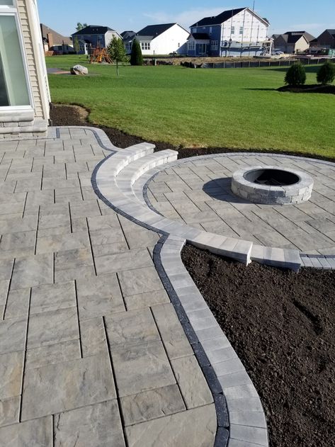 Patio Fire Pit Ideas Propane, Square Patio With Round Fire Pit, Pacer Patio Ideas, Paver Firepits Backyard, Deck And Paver Patio Combo, Stamped Concrete Patio With Fire Pit, Fire Pit Off Patio, Raised Stone Patio, Patio Paver Designs Layout