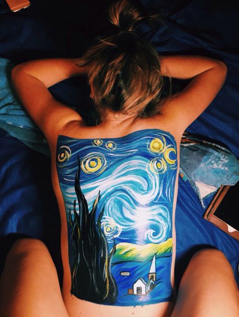 Starry night on back Back Painting Body Art, Paintings Tumblr, Modern Watercolor Art, Back Drawing, Kids Canvas Art, Animal Art Projects, Gothic Fantasy Art, Art Tumblr, Back Painting