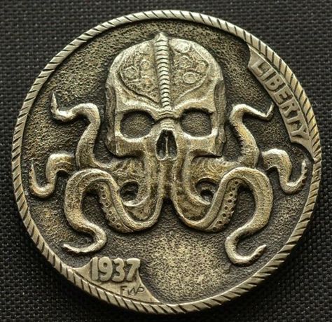 Hobo Art, Lovecraft Cthulhu, Pirate Coins, Hobo Nickel, Custom Coins, Coin Art, Bullion Coins, Metal Clay Jewelry, Antique Coins