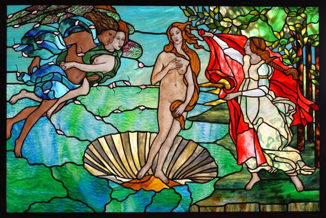 Open Clam Shell, American Traditional Tattoo Ideas, Traditional Tattoo Ideas, Birth Of Venus, Sandro Botticelli, Tiffany Stained Glass, Classic Paintings, Stained Glass Panels, American Traditional Tattoo