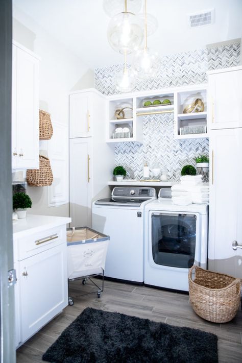 Laundry Room Makeover: Built-In Top Loader Washer and Dryer - Melissa Roberts Interior | Design & Home Decor Blog Laundry Room Decorating, Laundry Room Storage Shelves, Mudroom Makeover, Gray Tile, Globe Lighting, Small Laundry Room Organization, Modern Laundry, Room Storage Diy, Basement Laundry Room