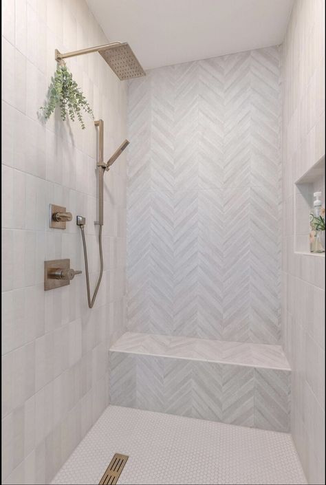 Modern Master Shower Tile Ideas, Wood Tile Accent Wall Bathroom, Chevron Tile Shower Wall, Small Modern Coastal Bathroom, Walk In Shower Door Ideas, Transitional Bathroom Tile, Small Master Shower Ideas, Bathroom With Walk In Shower Layout, Modern Farmhouse Shower Tile