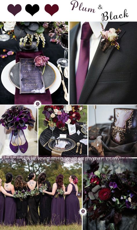 Dark And Moody Purple Wedding, Burgundy Purple Black Wedding, Black Plum Wedding, Plum Theme Wedding, Purple Silver And Black Wedding Ideas, Wine And Purple Wedding, Black Purple Green Wedding Color Schemes, Plum Purple Wedding Theme, Halloween Wedding Palette