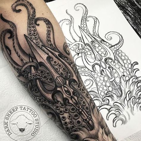 210+ Amazing Poseidon Tattoo Designs with Meanings (2022) Greek Gods Ink - TattoosBoyGirl Octopus With Trident Tattoo, Octopus Trident Tattoo, Poseidon Trident Tattoo, Poseidon Tattoos, Nautical Tattoo Sleeve, Kraken Tattoo, Trident Tattoo, Poseidon Trident, Poseidon Tattoo