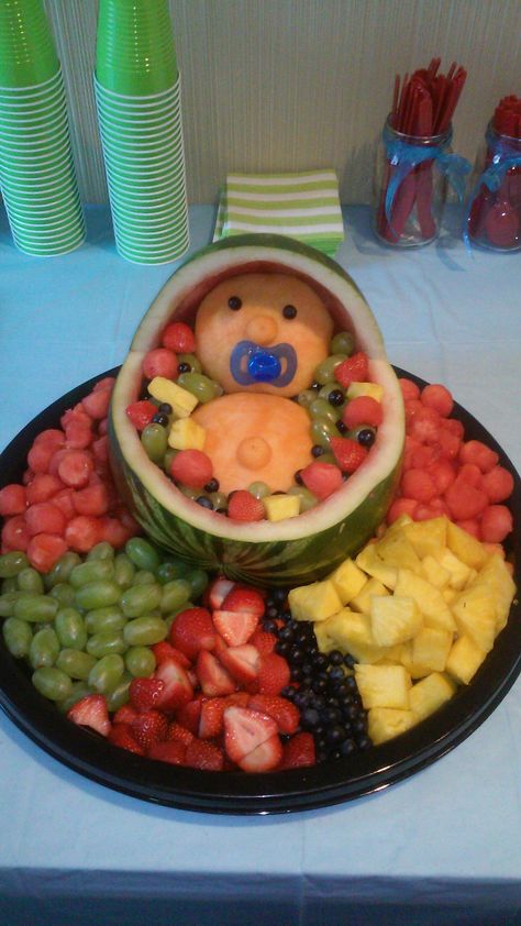 Fruit baby Baby Fruit Bowl, Baby Watermelon Fruit Bowl, Baby Shower Fruit Salad, Fruit For Baby Shower Ideas, Fruit Trays For Baby Showers, Baby Shower Fruit Tray Ideas, Fruit Baby Shower Ideas, Baby Shower Fruit Ideas, Couples Gender Reveal