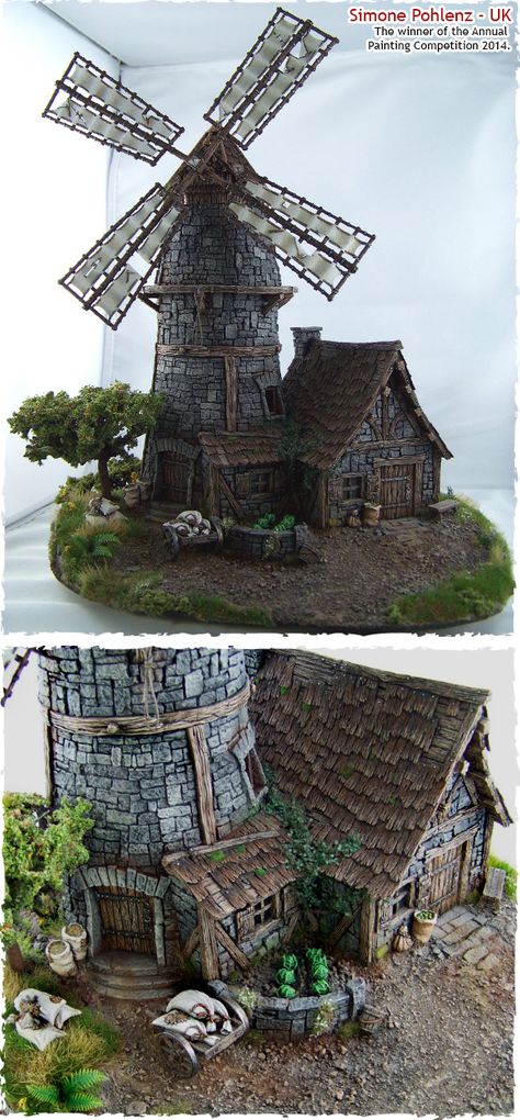 TELHAS DECORADAS Miniature Model Dioramas, Tabletop World, Castle Miniature, Small Diorama, Castle Village, Village Buildings, Windmill House, Warhammer Terrain, Miniature Models