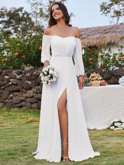 EVER-PRETTY Off Shoulder Split Thigh Chiffon Formal DressI discovered amazing products on SHEIN.com, come check them out! Asymetrical Dress, Contemporary Bridal, Ever Pretty, Dress With Long Sleeves, Different Dresses, Chiffon Bridesmaid Dress, Chiffon Bridesmaid, Feminine Look, Dress P