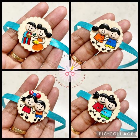 Handmade / Hand painted Rakhi made out of paper , #fevicrylmouldit clay and #acrylicpaints @hobbyideasindia Preserve your rakhi as a fridge magnet 😊 4mm magnet is provided with every rakhi Cute Rakhi Ideas, Rakhi Made By Hand, Hand Made Rakhi For School, Rakhi Making With Clay, Photo Rakhi Handmade, Diy Rakhi Handmade Ideas Easy For Kids, Raki Design, Raki Making Ideas, Handmade Rakhi Designs Diy