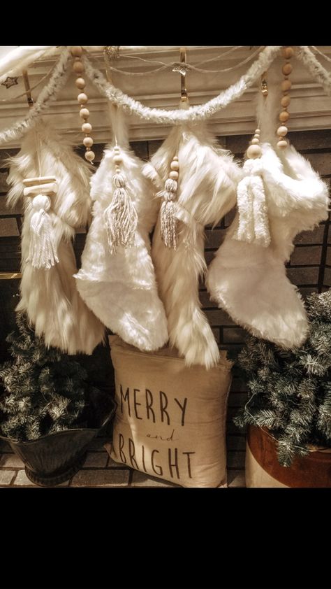 Beige Stockings Christmas, Faux Fur Christmas Stocking, Boho Christmas Stockings Ideas, Fur Christmas Stocking, Fur Stockings Christmas, Stocking Tassels, Fur Christmas Decor, Hope Johnson, Boho Christmas Stocking