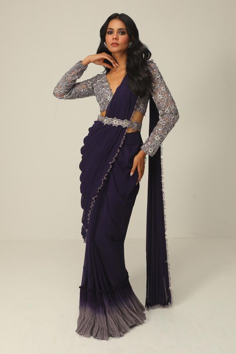 Shop for these amazing collections of Purple Organza Embroidery Cutdana Ombre Pre-draped Saree With Blouse For Women by Rishi and Soujit online at Aza Fashions. Beaded Saree Blouse, Glam Saree, Ombre Saree, Full Sleeves Blouse Designs, Chic Prom Dresses, Saree With Belt, Draped Saree, Saree Draping Styles, Full Sleeve Blouse