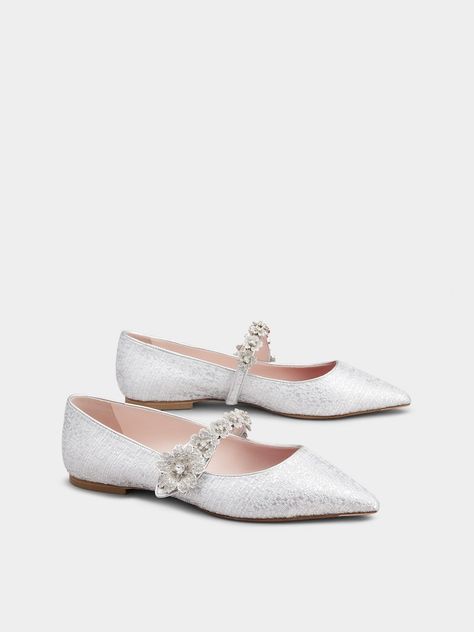 Bouquet Flower Piping Babies Ballerinas in Fabric Silver Woman RVW50237120SXI42B200 | Roger Vivier Flower Piping, Dressy Hats, Baby Ballerina, Expensive Bag, Jeweled Shoes, Bridal Flats, Bouquet Flower, Roger Vivier, Silver Accessories