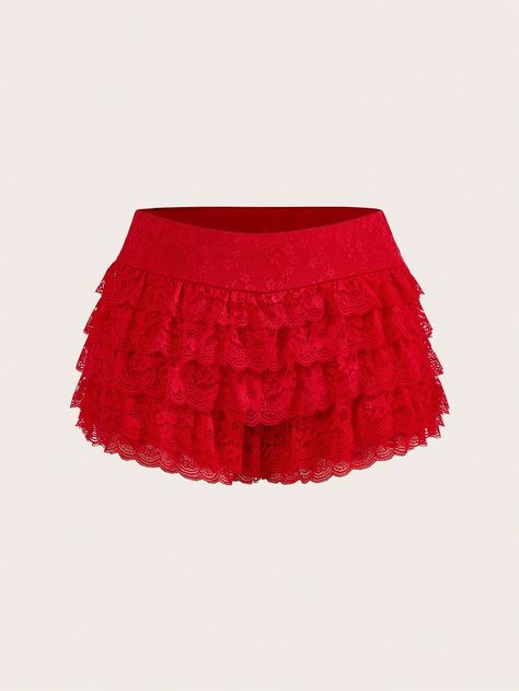 Plus Size Summer Fashionable Solid Color Multi-Layer Lace Ruffle Hem Shorts Red Casual   Knitted Fabric Plain Skinny High Stretch  Women Plus Clothing, size features are:Bust: ,Length: ,Sleeve Length: Red Ruffle Mini Skirt, Red Ruffle Shorts, Y2k Rave Outfits, Coquette Shorts, Outfits Extra, Red Leather Mini Skirt, Red Lace Skirt, Icon Y2k, Rave Festival Outfits