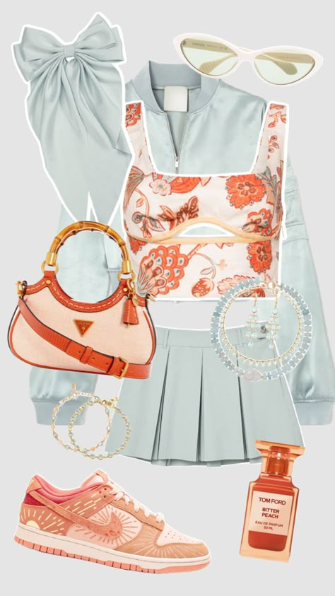 Outfit Inspo! #outfitinspo #outfit #outfitideas #style #fashion #fashioninspo #preppy #preppyaesthetic #school #y2k #cute #summer #summeraesthetic #coral #orange #orangeaest #teal #mint #trendy #fyp Fashion Forward Outfits, Y2k Cute, Dressy Casual Outfits, Classic Style Outfits, Orange Outfit, Quick Outfits, Crop Top Outfits, Fashion Inspiration Design, Coral Orange