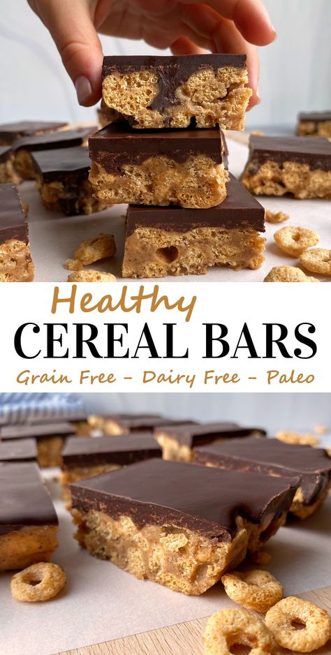 These homemade cereal bars are a healthy dessert recipe, great for kids and adults. They are made with grain free cereal and almond butter, lightly sweetened with honey and topped with dark chocolate. The best Paleo cereal recipe! #cerealbars #grainfree #dairyfree #paleo Paleo Cereal Bars, Grain Free Cereal, Paleo Cereal Recipe, Gluten Free Cereal Bars, Homemade Cereal Bars, Cereal Bars Homemade, Paleo Cereal, Honey Cereal, Dessert Bars Recipes Easy