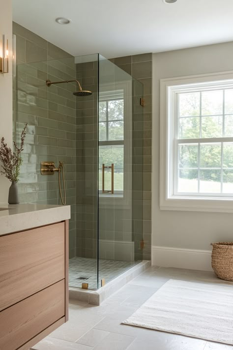 Retreat Style Bathroom, Bathroom Remodel Light Colors, Bathroom Sage Green Tiles, Light Green Tile Shower Ideas, Green Tile Walk In Shower Ideas, Green Paint Bathroom Ideas, Sage Green Tiles In Bathroom, Bathroom Interior Simple, Bathroom Palette Ideas