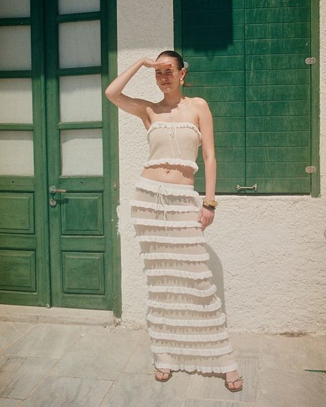 Postcards from Milos. Adorn Drop 3, launching 10.10.24 #hansenandgretel Knitted Maxi Skirt, Frill Skirt, Knit Maxi Skirt, Pant Shirt, Knit Skirt, Skirted Swimwear, Wedding Bridesmaids, Skirts For Sale, Resort Wear