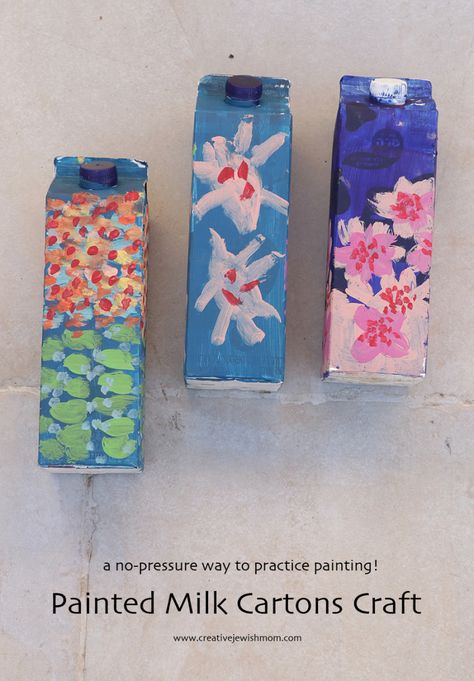 Painted-milk-cartons-craft. Imagine this as a Shavuot activity with images of greenery, flowers, and spices. Bar Mitzvah Decorations, Milk Carton Crafts, Carton Craft, Everyday Crafts, Recycling Crafts, Greenery Flowers, Milk Cartons, Phone Case Diy Paint, Garden Party Decorations