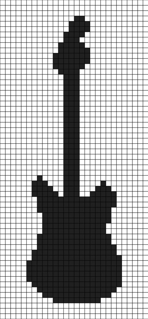 A pixel art template of an electric guitar (silhouette). Black on white, specifically the Fender Stratocaster. Guitar Pixel Art, Pixel Guitar, Emo Pixel Art, Music Pixel Art, Square Notebook, Guitar Silhouette, Melty Bead Designs, Guitar Patterns, Graph Crochet