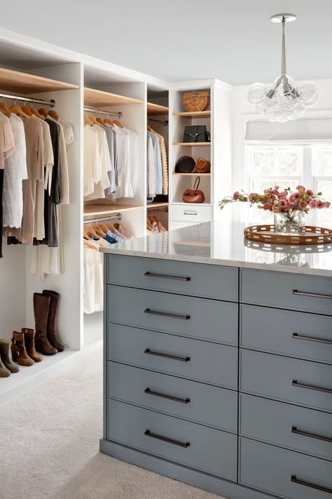 Walnut Hill Project by Laura Hodges Studio | 1stDibs Modern Storage Room, Bubbles Chandelier, Closet Chandelier, Gray Closet, Transitional Closet, Mid Century Modern Storage, Taupe Kitchen, Gray Island, Closet Island