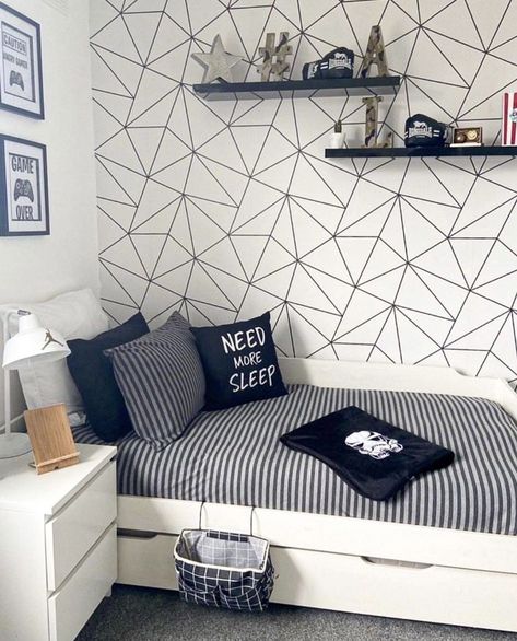 Uk Bedroom, Modern Teen Boy Bedroom, Small Boys Bedrooms, Boys Bedroom Wallpaper, Maximizing Small Spaces, Boys Room Wallpaper, I Love Wallpaper, Monochrome Wallpaper, Teenage Boy Room