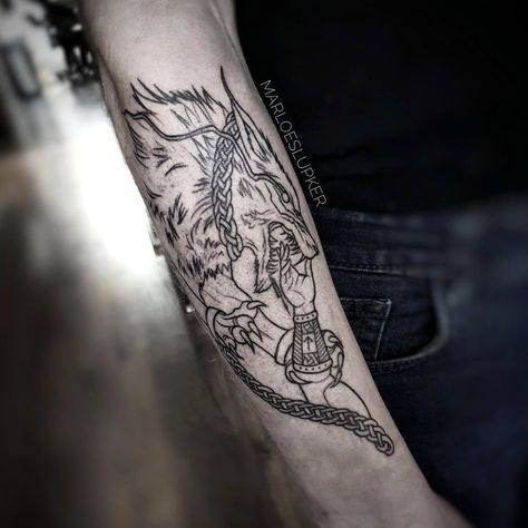 Tattoo uploaded by Marloes Lupker | Fenrir & Tyr #norsegods #sonofloki #fenrir #tyr #wolf #viking #epic #myth #oldtales #vikingtales #lineworktattoo #marloeslupker | 1201323 | Tattoodo Tyr And Fenrir Tattoo, Fenrir And Tyr Tattoo, Feniri Wolf Tattoo, Tyr Tattoo, Arm Tattoos Wolf, Fake Skin Tattoo, Fenrir Tattoo, Fake Skin, Chain Tattoo