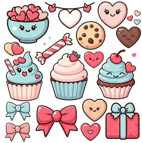 Printable Cute Stickers, Cute Printable Stickers, Valentines Cupcake, Kawaii Blue, Kawaii Valentine, Baby Blue Background, Cricut Print And Cut, Valentines Png, Cute Food Drawings