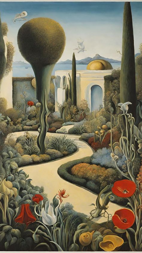 Surrealism | Dali | Art | Artwork | Garden | Inspiration | Salvador Dali Landscape, Surrealism Dali, Tuco Amalfi, Anthropomorphic Ideas, Surrealist Ball, Surreal Garden, Surreal Flowers, Salvador Dali Paintings, Modern Surrealism