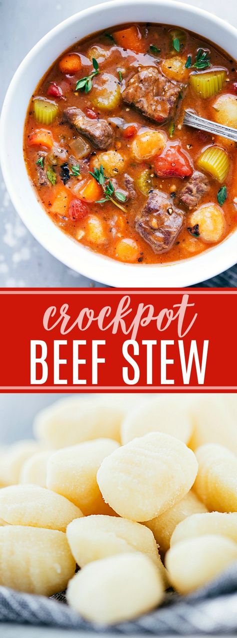 The ultimate BEST EVER crockpot beef stew with gnocchi! Recipe via chelseasmessyapron.com | #beef #stew #crockpot #slowcooker #gnocchi #best #dinner #soup #easy #delicious #familyfriendly #carrots #celery Beef Stew With Gnocchi, Stew With Gnocchi, Gnocchi Stew, Beef And Gnocchi, Crockpot Beef Stew, Stew Crockpot, Stew Beef, Crockpot Recipes Beef Stew, Crockpot Stew