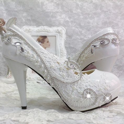 heel-white-ivory-lace-crystal-pearls-Wedding-shoes-pumps-bride-size #FlatheelsWedges Wedding Shoes Wedge, Low High Heels, Wedding Shoes Ideas, Unique Wedding Hairstyles, Elegant Wedding Shoes, Crystal Wedding Shoes, Rhinestone Pumps, Beach Wedding Shoes, Wedge Wedding Shoes