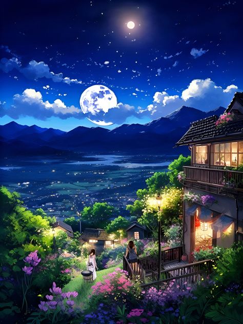 Peaceful Illustration, Anime Architecture, Anime Nature, Dreamy Night, Wattpad Background, Scene Wallpaper, Night Sky Wallpaper, House Illustration, Night Landscape