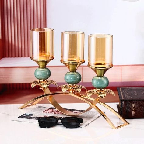 Gold Amber Glass Candle Stand $60.2 bit.ly/3hCYQMU Glass Candle Stand, Amber Glass Candle, Bamboo Candle, Spirit House, Angel Candle Holder, Angel Candles, Crystal Candle Holder, Candle Centerpieces, Crystal Candles