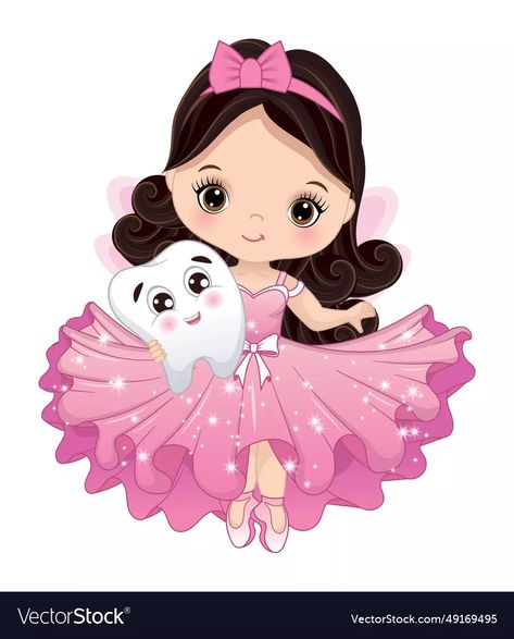 Cute little tooth fairy vector image Tooth Fairy Images, Fairy Vector, Angel Clipart, Cute Tooth, Pink Ruffle Dress, Ronaldo Football, Baby Themes, First Tooth, Frame Template