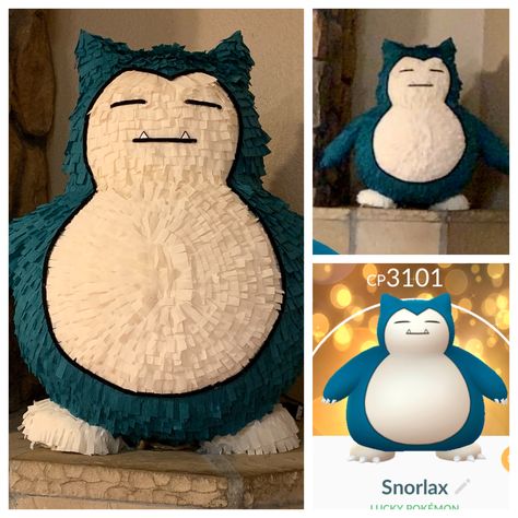 Homemade Snorlax pokemon pinata Snorlax Party Ideas, Snorlax Birthday Party, Surprise Pokemon, Pokemon Pinata, Pokemon Party Decorations, Snorlax Pokemon, Pokemon Birthday Cake, Pokémon Birthday, Pokemon Snorlax