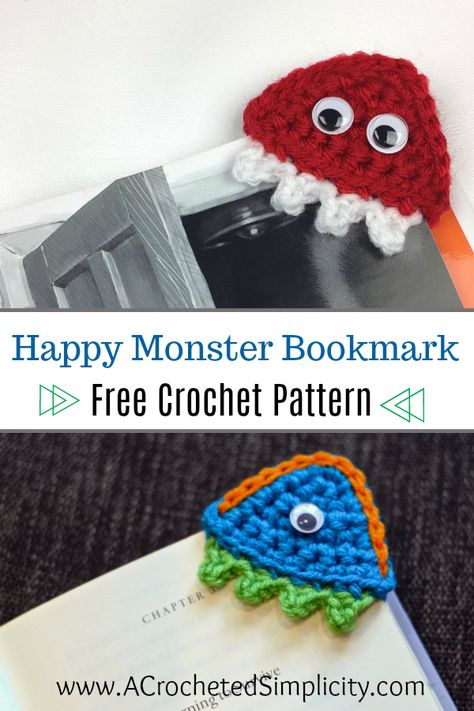 Free Crochet Pattern - Happy Monster Crochet Bookmark by A Crocheted Simplicity  #crochet #freecrochetpattern #handmade #crochetbookmark Crocheted Bookmarks, Crochet Bookmarks Free Patterns, Easy Crochet Bookmarks, Monster Bookmark, Monster Crochet, Bookmark Crochet, Happy Monster, Penanda Buku, Crochet Bookmark Pattern