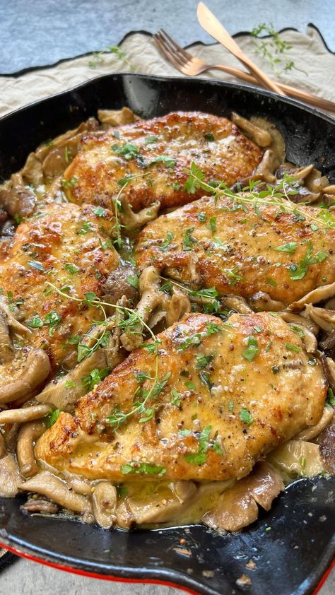 Luxurious Chicken with Shitake Mushrooms in Creamy Mustard Sauce- I highly recommend you try this because it’s too delicious to pass Ingredients: 4 chicken breasts 1 lbs shitake mustooms- washed and dried 2 garlic cloves 2 tarragon sprigs 1 rosemary spring 3-4 thyme springs 1 tbs parsley, chopped 1 tbs @vermontcreamery creme Fraiche 1 tbs whole grain mustard 1/2 cup white wine, I used Sauvignon Blanc 1/2 cup bone broth @thehale4life 1/4 cup olive oil 5 tbs butter 1/4 cup flour- for Season Chicken Breast, Shitake Mushrooms, Chicken Main Dish Recipes, Whole Grain Mustard, Creamy Mustard Sauce, Shitake Mushroom, Favorite Recipes Chicken, Chicken Breast Seasoning, Chicken Main Dishes